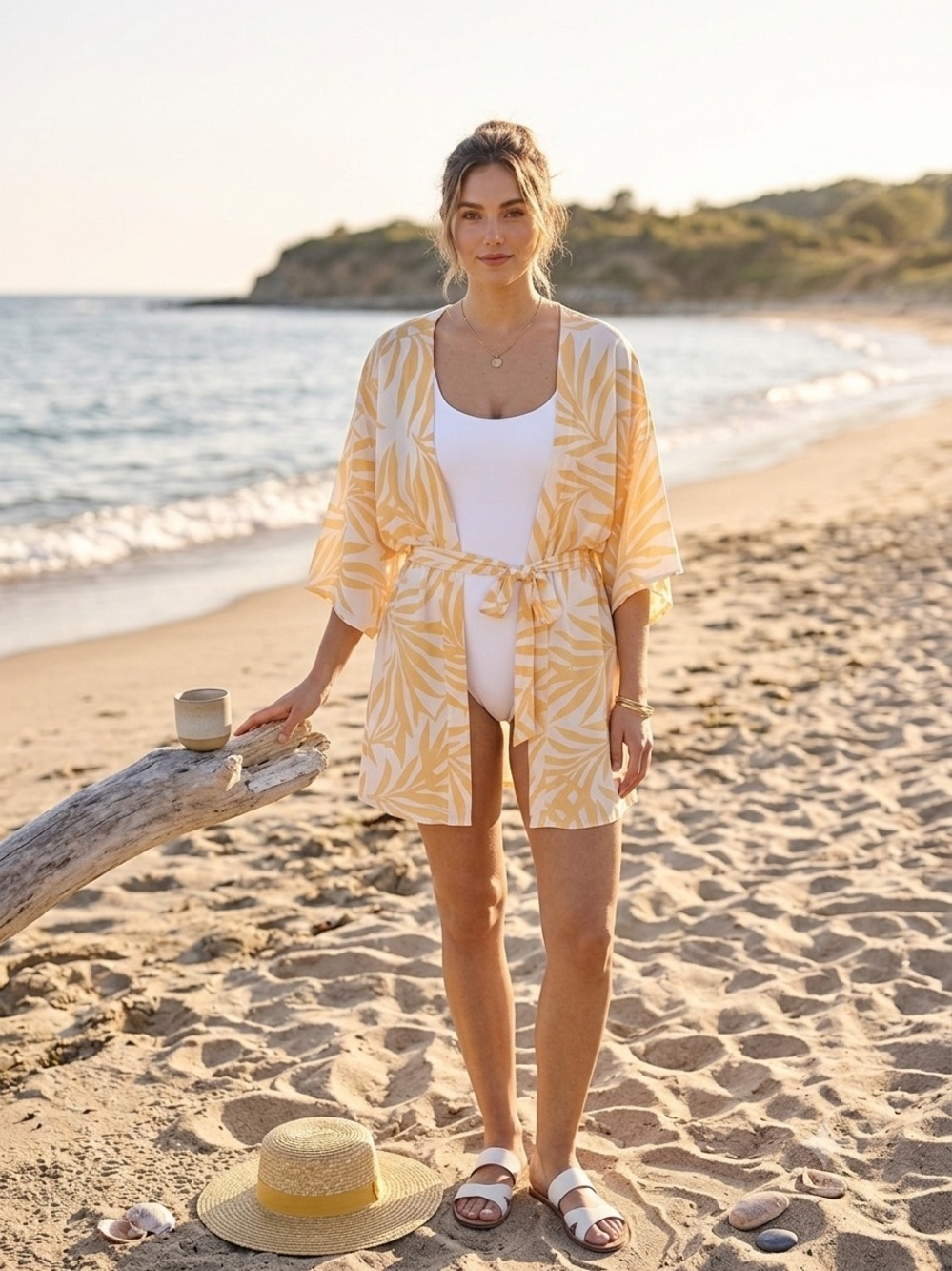 Maison du Soir Tropical Palm Leaf Print Kimono Robe Swimsuit Cover Up M L